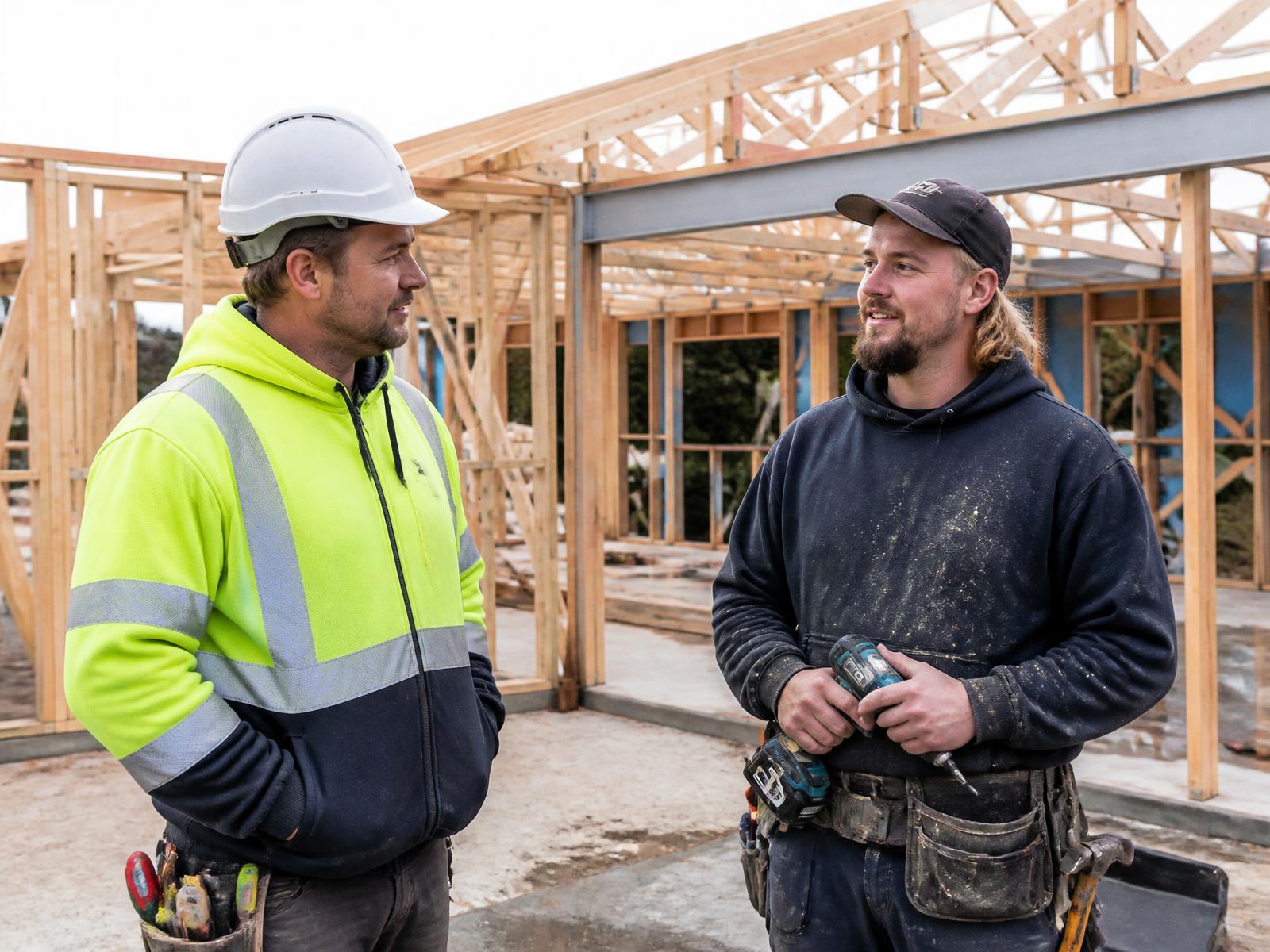 Two Australian tradespeople talking on a residential building site
